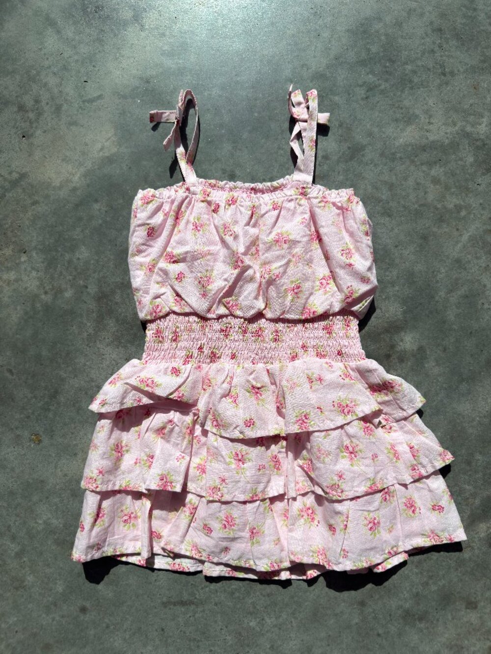 Girls Pink Floral Smocked Tiered Dress - Kids 4